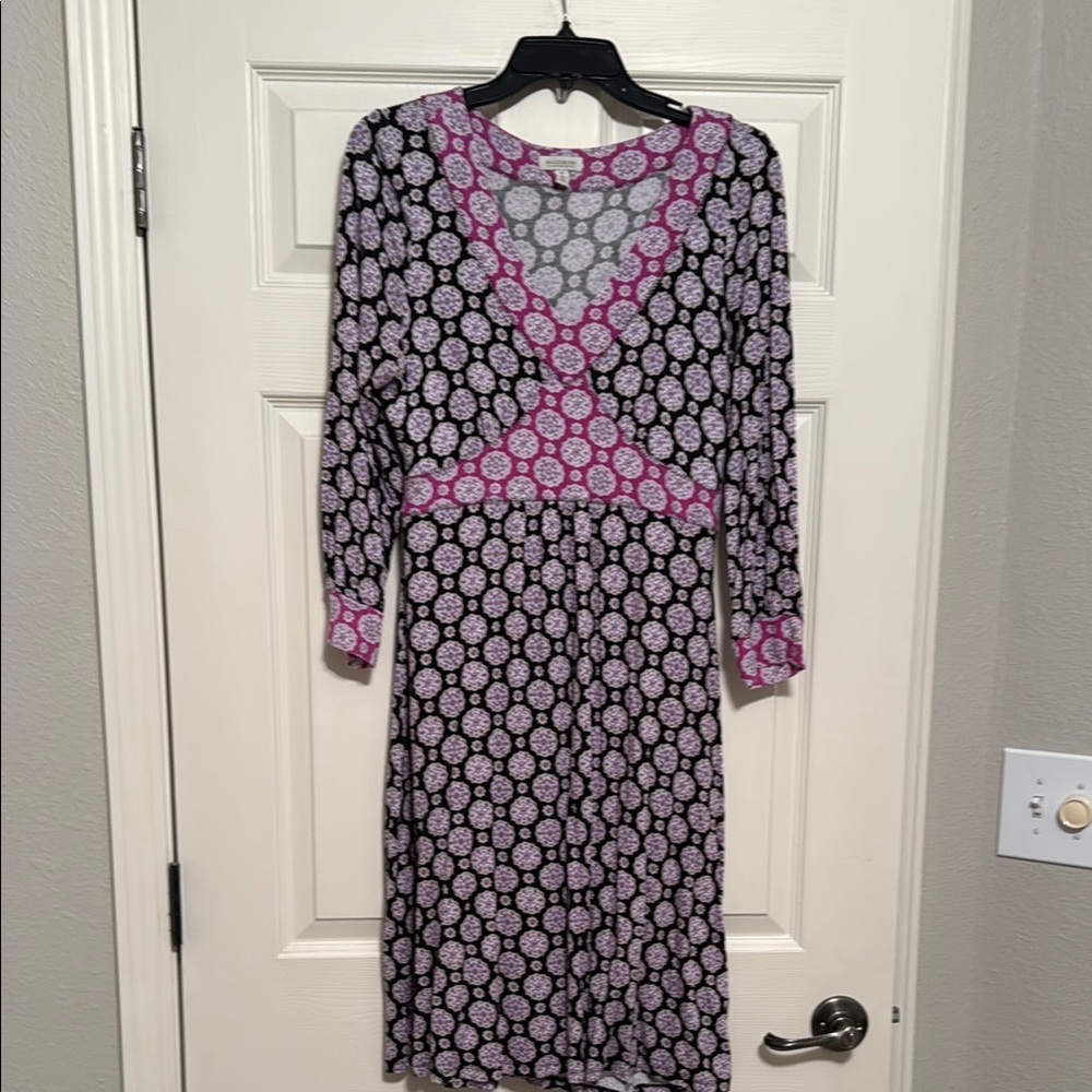 Madison Black and Purple Long Sleeve Sheath Dress with V-Neck and Cuffed Sleeves